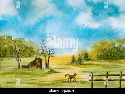 Pittura originale acquerello del paesaggio naturale. Dipinto dal fotografo. Foto Stock