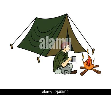 Un uomo seduto di fronte a Campfire mentre tiene il suo vettore abbraccio Illustrazione Vettoriale