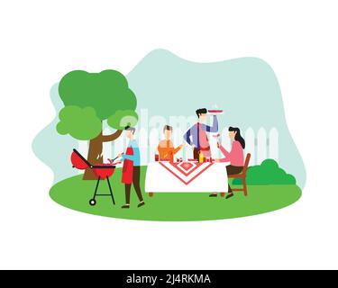 BBQ o Barbeque Party al cortile mangiare e grigliare insieme Illustration Vector Illustrazione Vettoriale