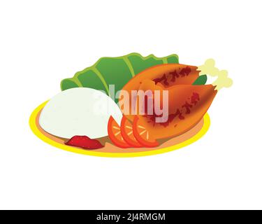 Pacchetto dettagliato di pollo grigliato o panificio Ayam con vettore per l'illustrazione di riso e verdure Illustrazione Vettoriale