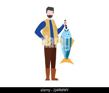 Fisherman Holding Big Fish Illustration with Cartoon Style Vector Illustrazione Vettoriale