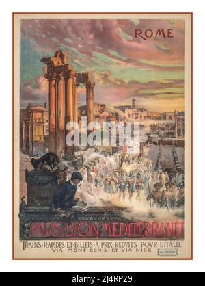 ROMA 1900 ITALIA VINTAGE RAIL TRAVEL Roma Holiday Travel poster 1920's Rail transport Parigi Lione Mediterranea via Mont-Cenis e via Nizza Italia PLM Foto Stock