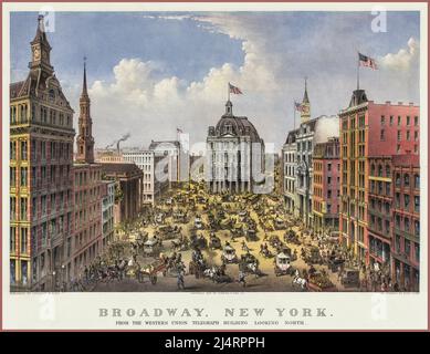 Litografia vintage 1800s BROADWAY Manhattan New York USA dal Western Union Telegraph Building rivolto a nord. America USA Illustrazione da Currier & Ives Foto Stock