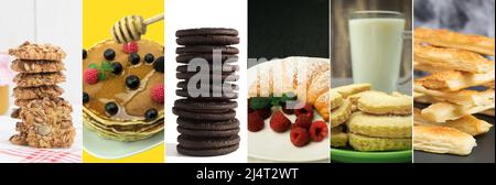 Collage fotografico di dolci freschi e croissant. Collage di foto con diversi deliziosi dolci Foto Stock