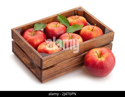 mele rosse in scatola di legno percorso isolato su bianco Foto Stock