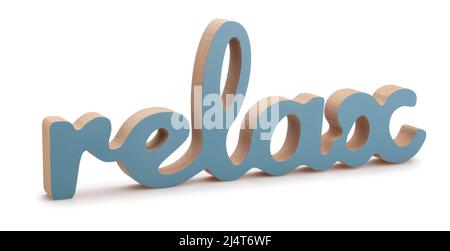 scolpito lettere di legno parola relax percorso isolato su bianco Foto Stock