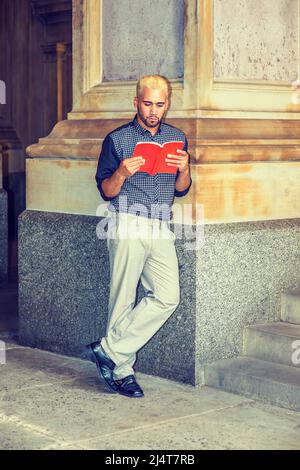 Il giovane uomo che legge fuori. Indossare una camicia a motivi neri, pantaloni grigi, scarpe in pelle, mani che tengono un libro rosso, un ragazzo giovane con barba, capelli gialli, Foto Stock