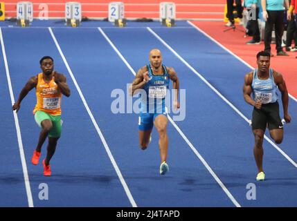 Arthur CISSÉ di Côte d’Avorio , Lamont Marcell JACOBS d’Italia e Stephen ABOSI del Botswana1/2 finale 60 M uomini durante i Campionati mondiali di atletica indoor 2022 il 19 marzo 2022 alla Stark Arena di Belgrado, Serbia - Foto Laurent Lairys / DPPI Foto Stock