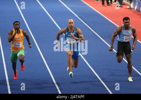 Arthur CISSÉ di Côte d’Avorio , Lamont Marcell JACOBS d’Italia e Stephen ABOSI del Botswana1/2 finale 60 M uomini durante i Campionati mondiali di atletica indoor 2022 il 19 marzo 2022 alla Stark Arena di Belgrado, Serbia - Foto Laurent Lairys / DPPI Foto Stock