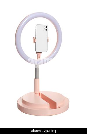 lampada ad anello selfie con supporto per smartphone, su supporto isolato su sfondo bianco Foto Stock