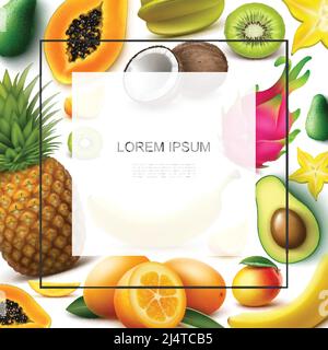 Modello realistico di frutti esotici con cornice per testo papaya ananas banana kiwi mango cocco kumquat avocado carambola drago frutta vettore illustratore Illustrazione Vettoriale