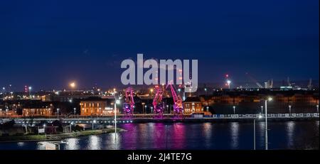 I tre vecchi porti si gru dall'isola di Szczecin di Lasztownia colorfully illuminato. Città di notte. Polonia. Dalla distanza che assomiglia ai dinosauri. Foto Stock