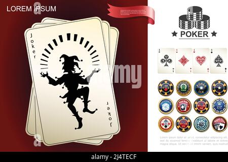 Casino e composizione del gioco d'azzardo con joker e assi che giocano le carte poker chip in stile realistico illustrazione vettoriale Illustrazione Vettoriale