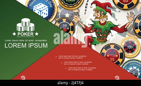 Poker realistico Bright concetto con Joker giocare carta e colorato illustrazione del vettore dei chip del casinò Illustrazione Vettoriale