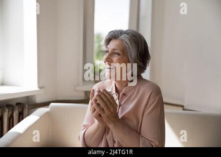 Donna più anziana attraente che tiene il sorriso della tazza del tè fissando nella distanza Foto Stock