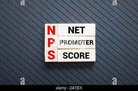 Concept Word NPS Net Promoter Score su cubi di legno su sfondo grigio. Concetto aziendale. Foto Stock