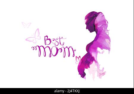 Testo migliore della mamma. Silhouette di una donna incinta in acquerello. Buona Festa della mamma. Illustrazione vettoriale Illustrazione Vettoriale