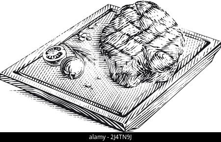 bistecca di carne su tavola di legno disegno a mano disegno schizzo incisione modello vettore Illustrazione Vettoriale