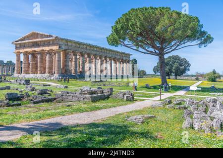 Paestum, Italia; 18 aprile 2022 - il Tempio di Hera a Paestum, che contiene alcuni dei templi greci più ben conservati del mondo. Foto Stock