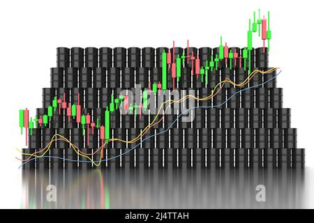 Concetto di aumento del prezzo del petrolio con barile da 3D rendering con grafico commerciale Foto Stock