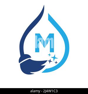 Pulisci il logo sulla lettera M. Clean House Sign, Fresh Clean Logo Cleaning Brush e Water Drop Concept Template Illustrazione Vettoriale