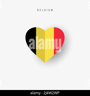 Bandiera a forma di cuore del Belgio. Carta Origami taglio bandiera nazionale belga. 3D illustrazione vettoriale isolata su bianco con ombra morbida. Illustrazione Vettoriale