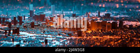 Area metropolitana e luci della città. Concetti di città e tecnologia intelligenti. 3D rendering. Foto Stock