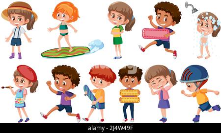 Set di bambini che svolgono attività diverse su sfondo bianco illustrazione Illustrazione Vettoriale