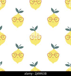 Motivo senza cuciture al limone. Divertenti personaggi gialli con volti felici. Illustrazione vettoriale di cartoni animati in semplice stile scandinavo disegnato a mano Illustrazione Vettoriale