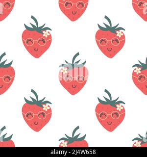Modello senza cuciture alla fragola. Divertenti personaggi rossi con volti felici. Illustrazione vettoriale di cartoni animati in semplice stile scandinavo disegnato a mano Illustrazione Vettoriale