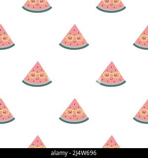 Divertente cocomero modello senza cuciture. Fette di deliziosa frutta estiva con diverse emozioni kawaii in un carino stile cartoon piatto Illustrazione Vettoriale