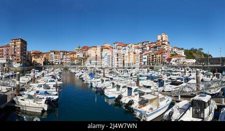 Vista panoramica delle barche nella Marina di Bermeo città, Bermeo, Biscay, Paesi Baschi, Euskadi, Euskal Herria, Spagna, Europa Foto Stock