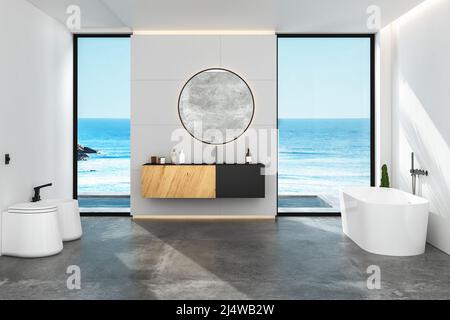 Interno di un comodo bagno con pareti bianche, pavimento in cemento, accogliente lavabo nero con armadietto, specchio ovale appeso alla parete. 3D rendering Foto Stock