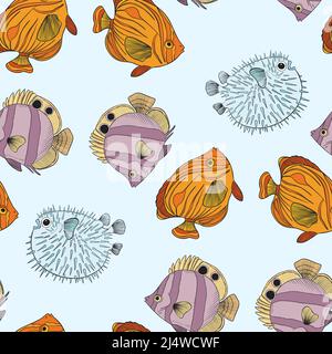 Modello senza giunture con pesci di mare disegnati a mano. Cartoon Ocean Life background. Animali marini texture. Illustrazione Vettoriale