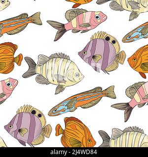 Modello senza giunture con pesci di mare disegnati a mano. Cartoon Ocean Life background. Animali marini texture. Illustrazione Vettoriale