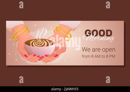 Le mani di una giovane donna con maniche bianche, braccialetti d'oro e manicure rosa sulle unghie tengono una tazza di caffè con buona frase del mattino. Immagine della vista in primo piano. Design banner caffetteria. Illustrazione Vettoriale