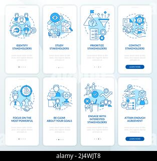 Gestione degli stakeholder, analisi blu sullo schermo dell'app mobile onboarding Illustrazione Vettoriale