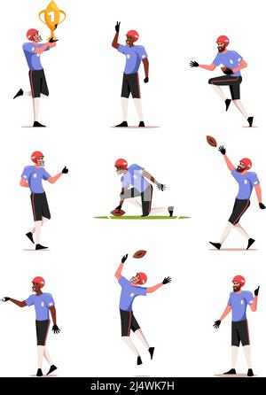 Giocatori di rugby. Atleti nazionali giocatori di calcio americani in azione pone garish vettore rugby flat personaggi Illustrazione Vettoriale