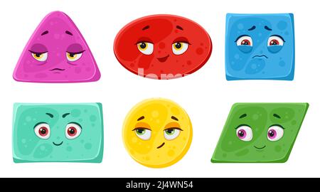 Set di varie forme geometriche di base luminose con emozioni facciali. Varie forme. Simpatici personaggi divertenti per i bambini. Illustrazione vettoriale isolata. Illustrazione Vettoriale