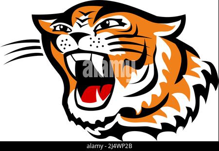 Disegno faccia della tigre arrabbiata per il logo, il poster, la brochure, il banner, la scheda di invito. Illustrazione vettoriale isolata su sfondo trasparente. Illustrazione Vettoriale