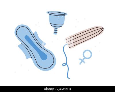 Tampone femminile, tampone e tazza mestruale riutilizzabile in silicone. Il concetto di salute e igiene delle donne. Illustrazione isolata dal vettore. Illustrazione Vettoriale