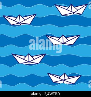 Illustrazione vettoriale della barca di carta nelle onde del mare. Delineare semplice barca di carta artigianale. Icona simbolo di viaggio e mare. Illustrazione Vettoriale