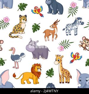 Cartoon giungla animale stampa. Leone, elefante e zebra. Bambini personaggi selvaggi zoo, safari leopardo e orilla. Arte carino bambini esotici garish vettore Illustrazione Vettoriale