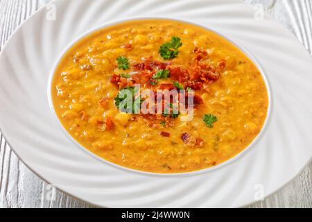 primo piano della cremosa zuppa di mais con pancetta fritta croccante sbriciolata e prezzemolo in ciotola bianca su tavola bianca di legno Foto Stock