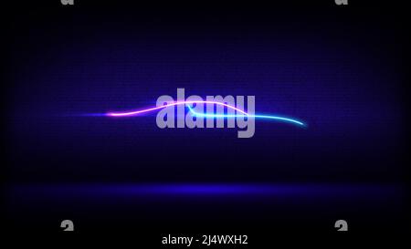 Silhouette auto al neon brillante. Marcare a caldo della parete del mattone del segno del neon. Moderna silhouette a LED in vista laterale su sfondo scuro. Interni studio. Rosa blu Foto Stock