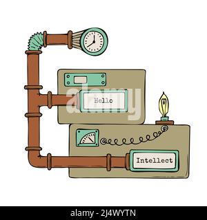 Schizzo artistico a forma di steampunk, scarabocchio, con scritta Hello Intellect. Isolato, sfondo bianco. Illustrazione vettoriale Illustrazione Vettoriale