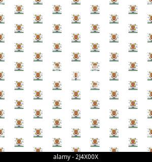 Disegno di paesaggio vettoriale del mulino a vento con varie icone. Illustrazione Vettoriale