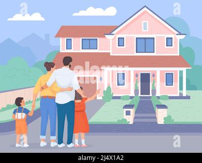 Famiglia che guarda nuova casa. Coppia guardare casa di rinnovo di assicurazione dopo il disastro, costruzione anteriore nuova casa venduta in prestito all'esterno, personaggi cartoon illustrazione vettoriale swanky Illustrazione Vettoriale