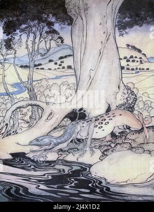 The Questing Beast from the Book ' The romance of King Arthur and his Knights of the Round Table ' Abridged from Sir Thomas Malory's morte D'Arhur di Alfred W. Pollard Illustrated by Arthur Rackham Publisher New York : Macmillan 1920 Foto Stock