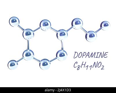 Formula chimica della dopamina - ormone della felicità. Modello molecolare dell'ormone dopaminico. Isolato su sfondo bianco. Può essere utilizzato per la scienza e l'educazione Foto Stock